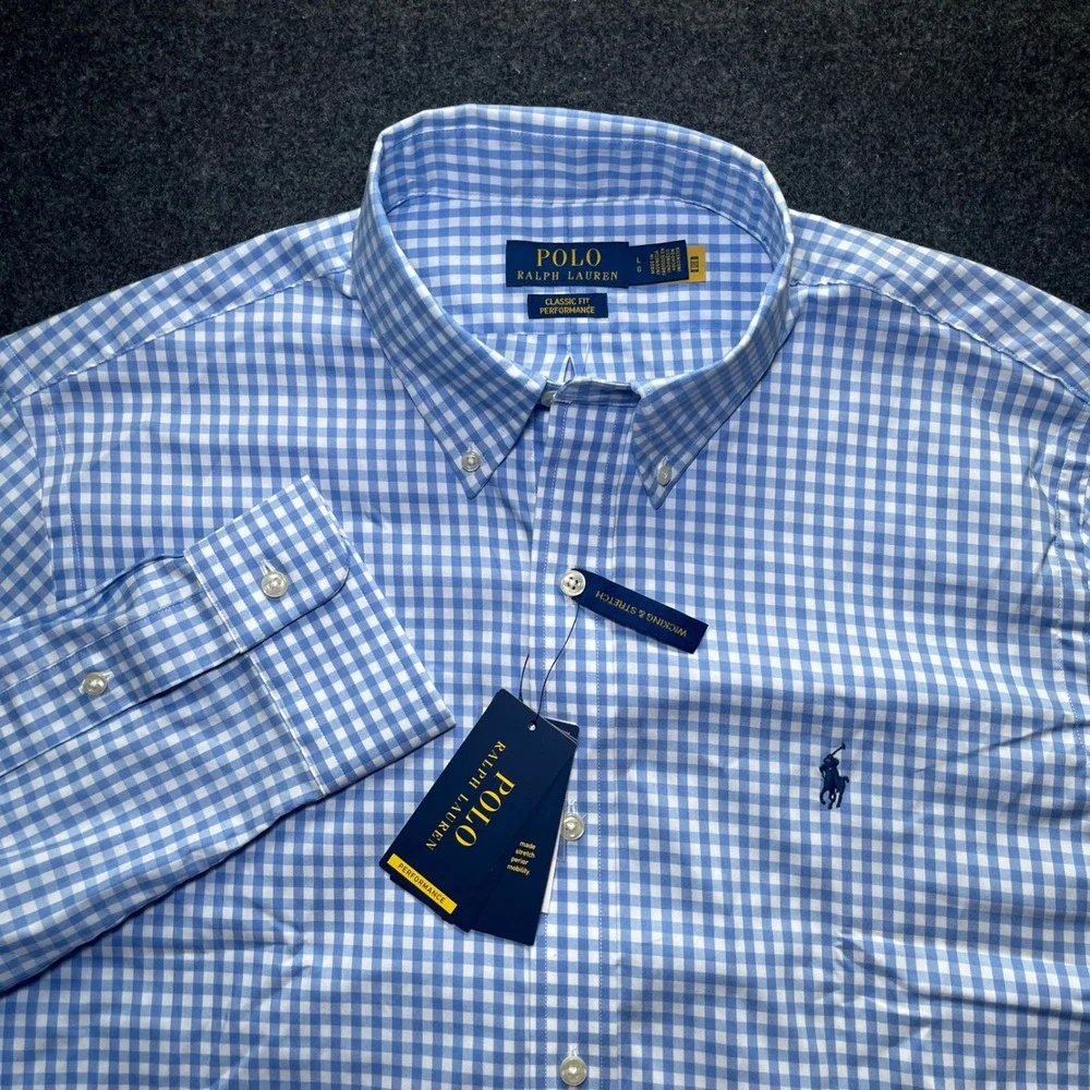 Polo Ralph Lauren Button Down Men L Blue NWT Classic Fit Performance Gingham